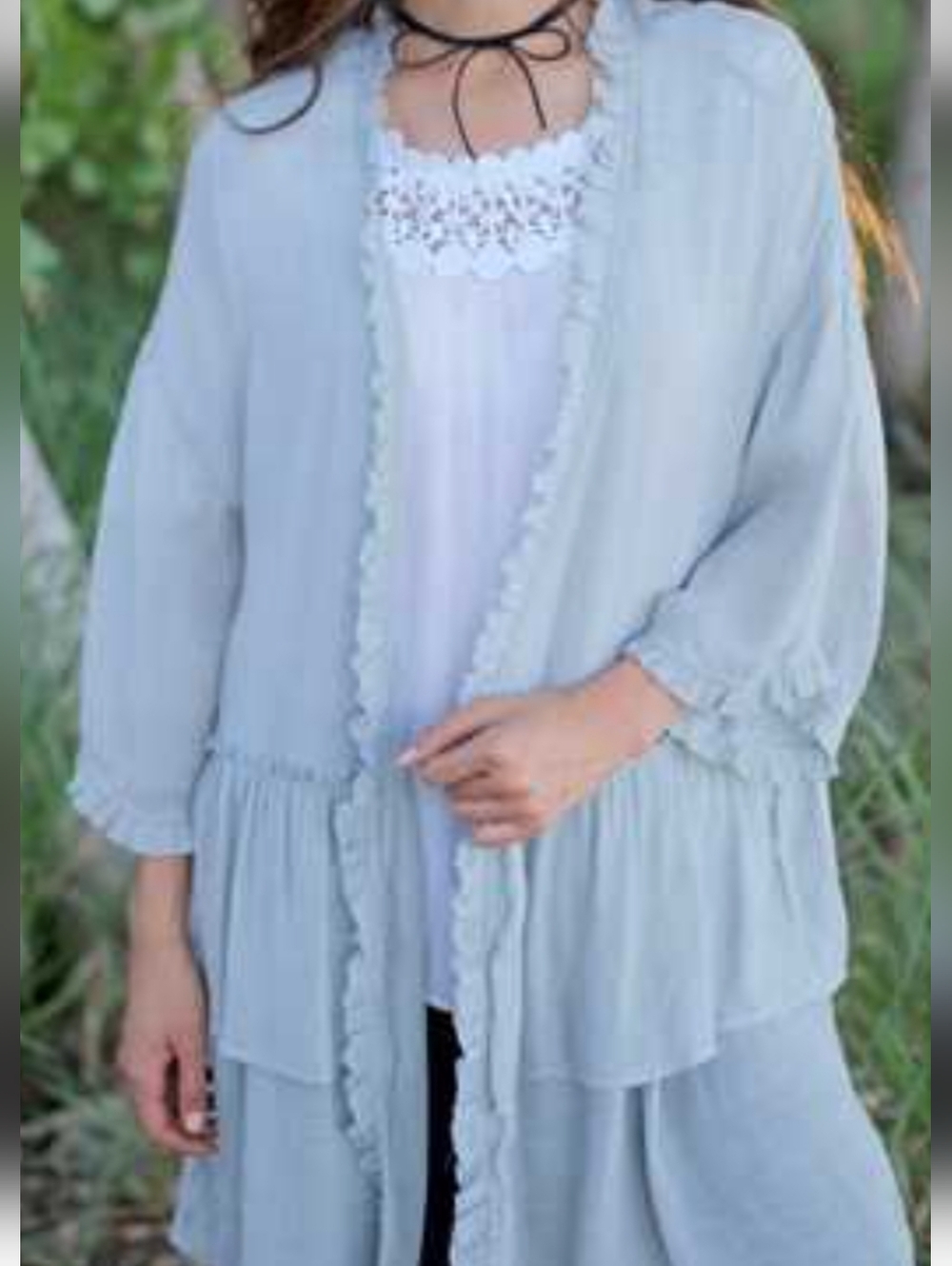 Easel Light Blue/Gray Ruffled Open Cardigan Size S